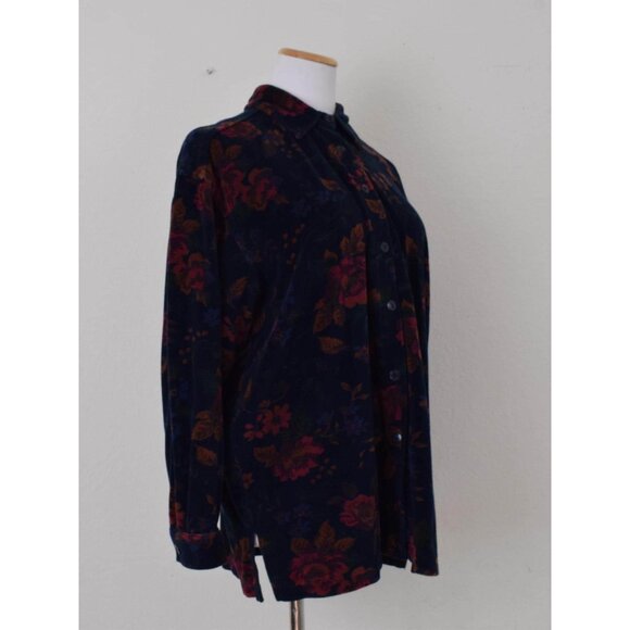 Vintage 80s Cotton/Poly Dark Navy‎ Floral Print Blouse | size Large - Picture 9 of 10